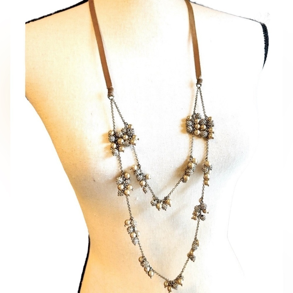 Necklace Crystal and Bead Clusters Two Strand Ribbon Tie